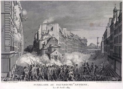 An illustration of the Réveillon riots. The riots were a major event in the timeline of the French Revolution, and represent one of the first and bloodiest mass demonstrations. 