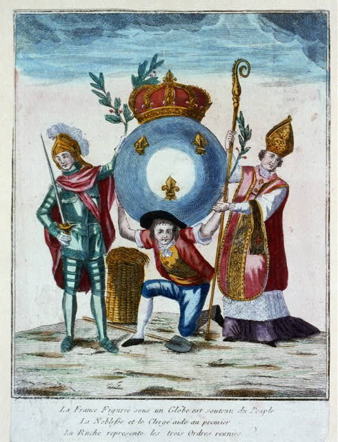 This illustration from 1789 depicts the Three Estates of France. A member of the Third Estate shoulders the French monarchy. The privileged orders provide symbolic (yet little practical) assistance. This print represents the fact that the burden of supporting the French kingdom was largely borne by the commoners of the Third Estate.